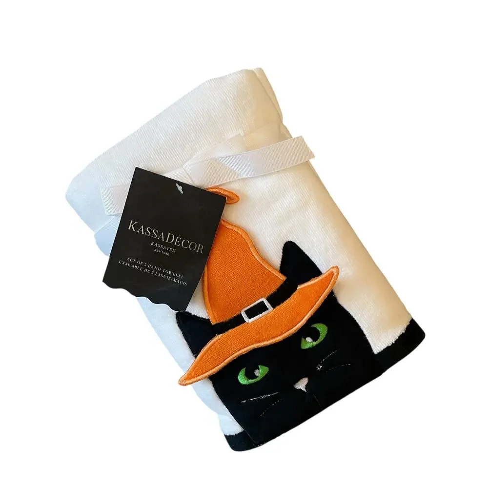 Kassadecor Halloween Witch Cat Hand Towels 18x28 Plush Black & White Set of 2